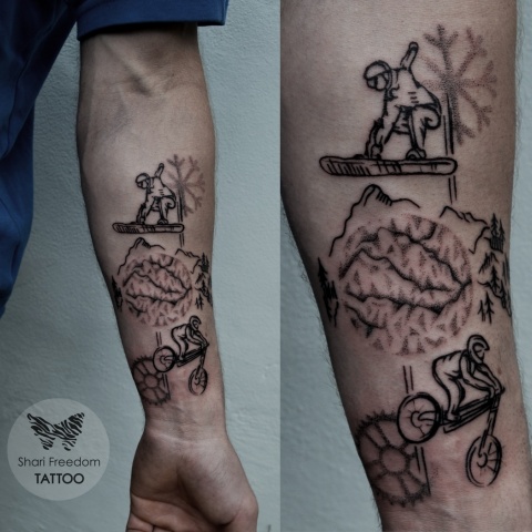 Tetování stylem dotwork snowboard a downhill cyklistika