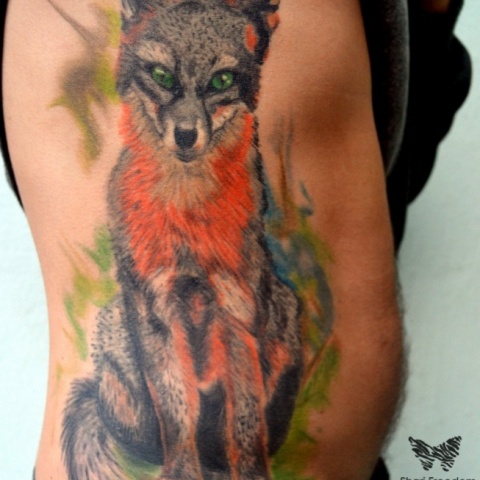 barevné realistické tetování lišky a aquarelovým pozadím/ colour realistic tattoo of fox with aquarelle background